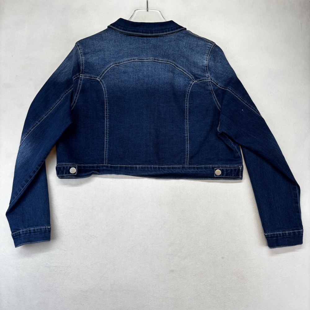 Allegra K Denim Jacket Women XL Dark Blue Cropped Stretch Button Front Trucker - Picture 2 of 6